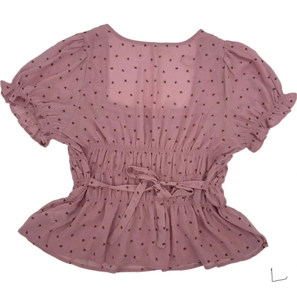 FREE PEOPLE New‎ Large Adore You Blouse Smocked Peplum Pink Floral Cottagecore